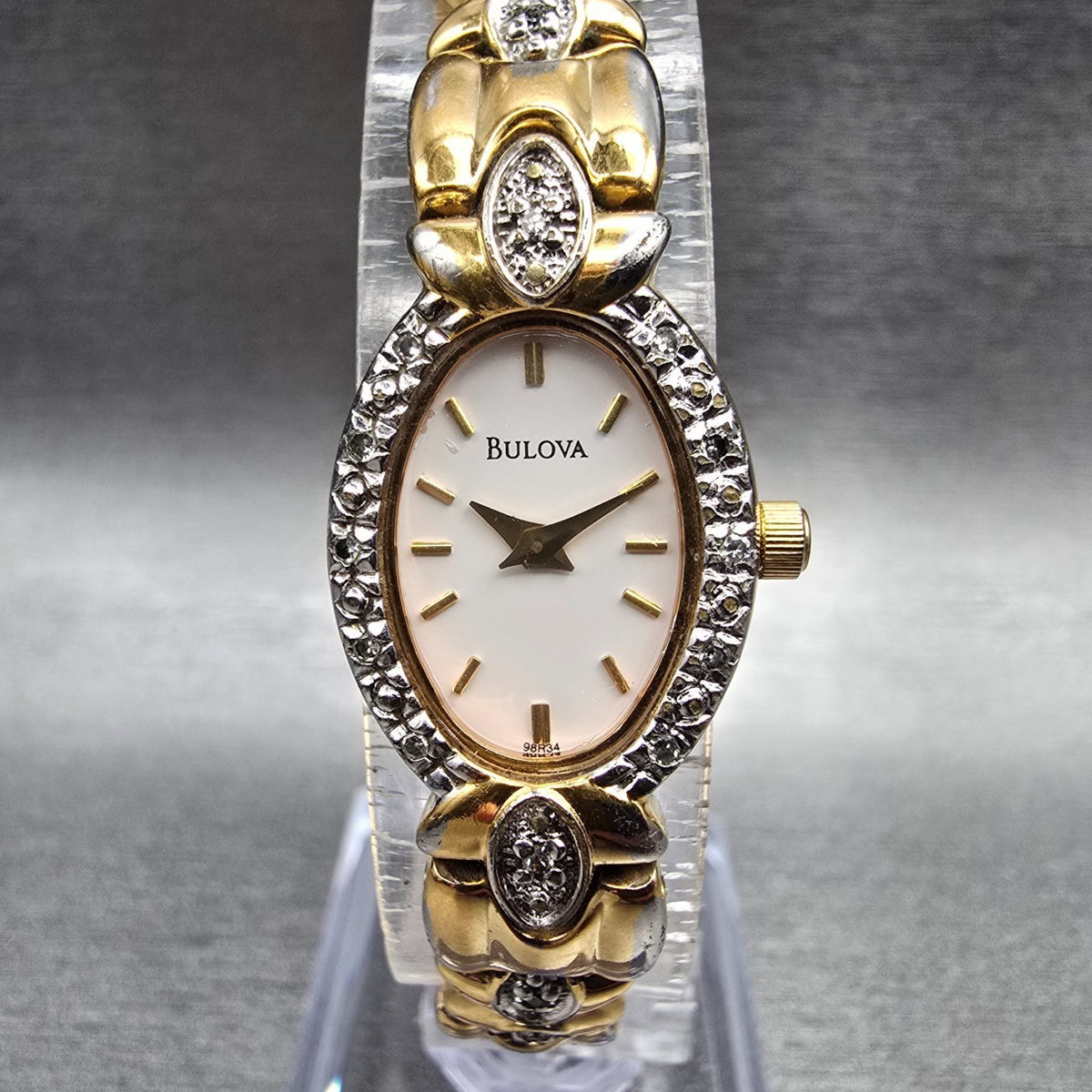 Bulova Watch Women 16mm White Dial Two Tone Gemmed Oval 98R34 New Battery0
