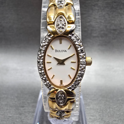 Bulova Watch Women 16mm White Dial Two Tone Gemmed Oval 98R34 New Battery0