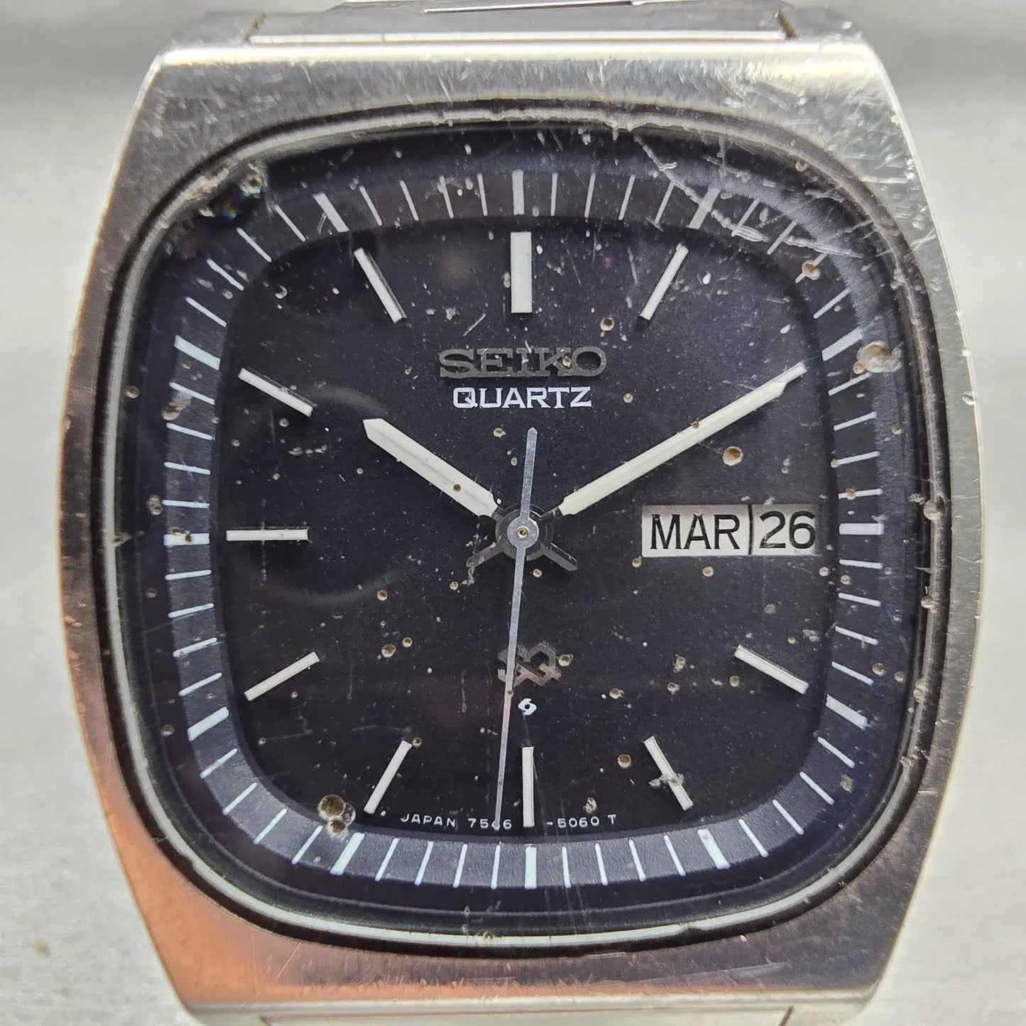 Seiko SQ Watch Men 36mm Black Dial Silver Tone Daydate 7546-5069 New Battery VTG1