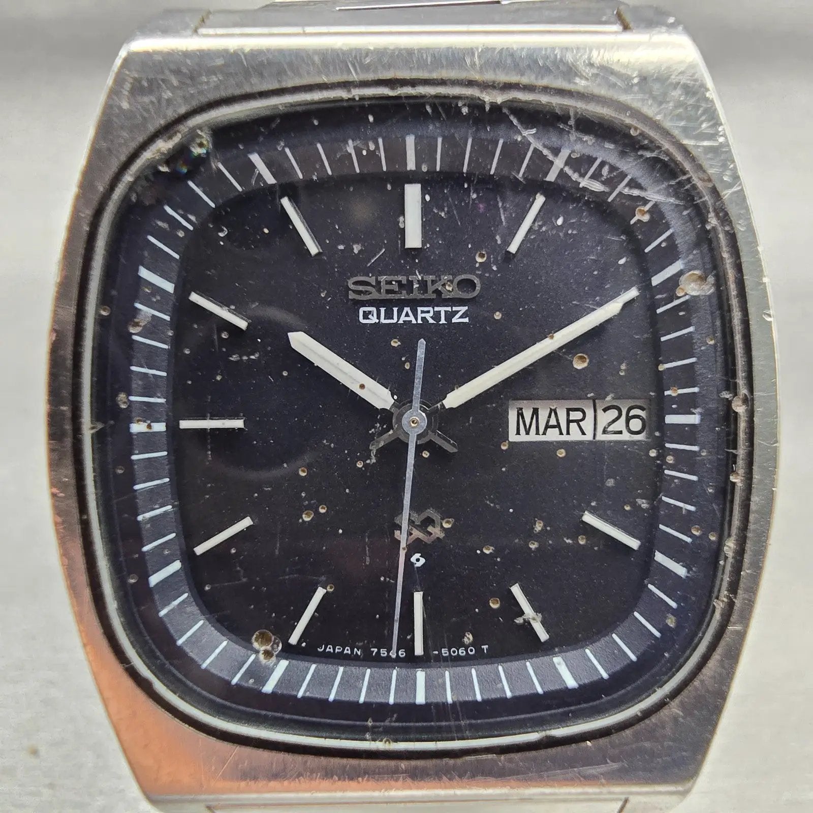 Seiko SQ Watch Men 36mm Black Dial Silver Tone Daydate 7546-5069 New Battery VTG1