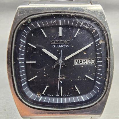 Seiko SQ Watch Men 36mm Black Dial Silver Tone Daydate 7546-5069 New Battery VTG1