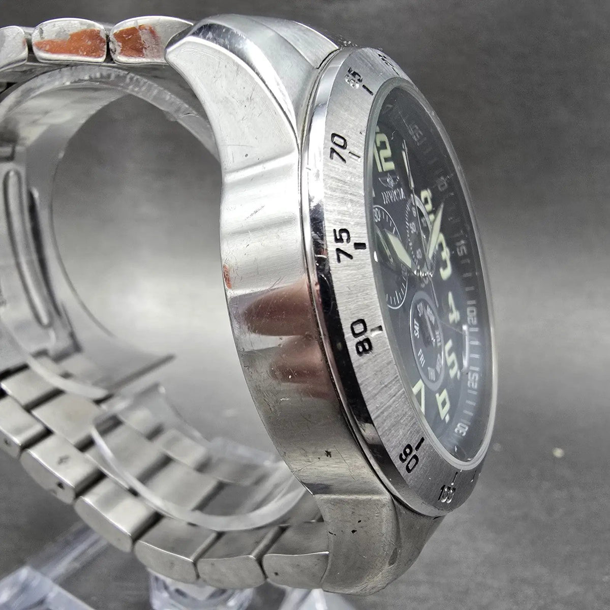 Invicta Chronograph Watch Men 44mm Black Dial Steel Daydate Round New Battery3