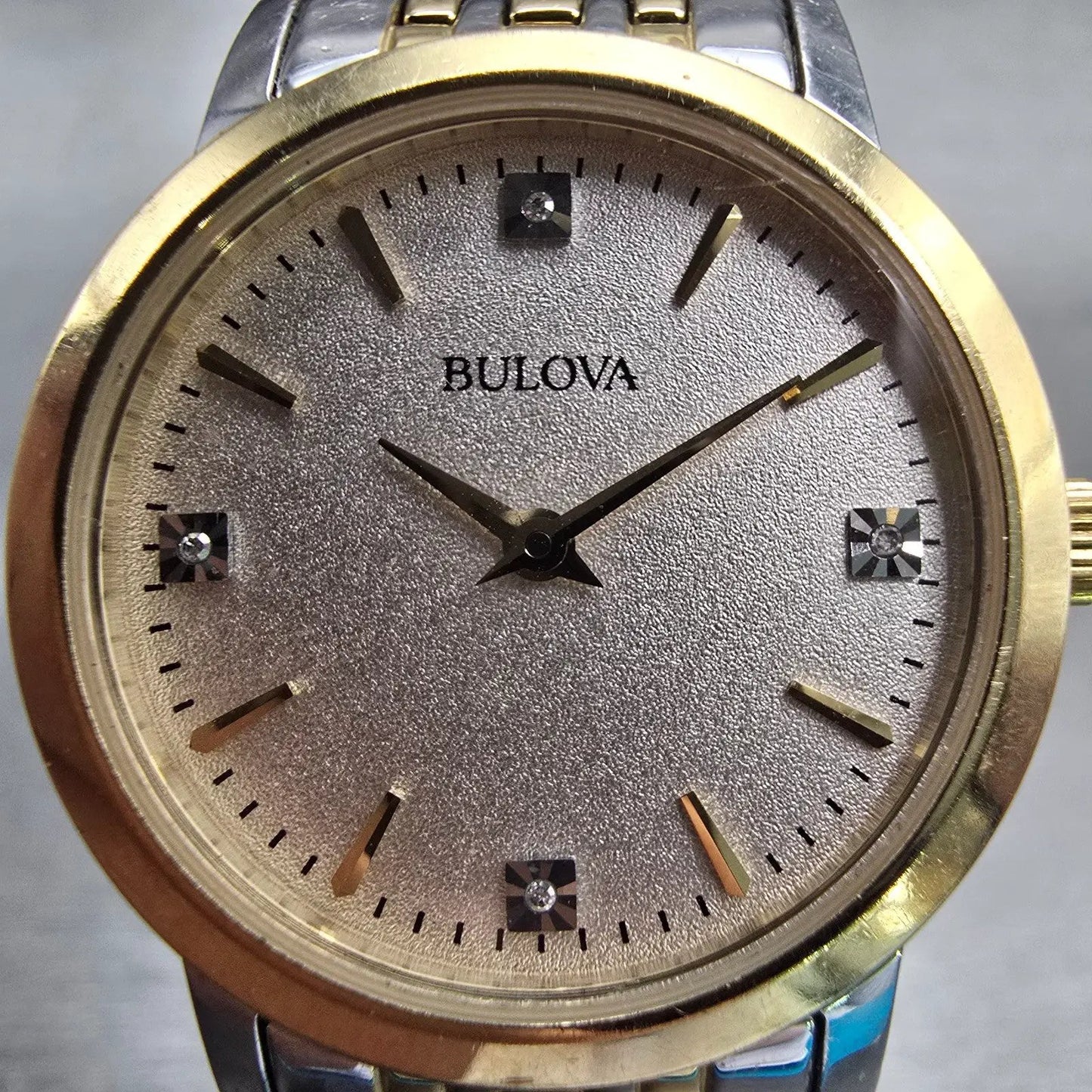 Bulova Watch Women 27mm Silver Dial Two Tone Gemmed Round 98P115 New Battery1