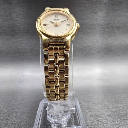 Seiko Watch Women Ivory Dial Gold Round V401-0518 New Battery Vintage JP5