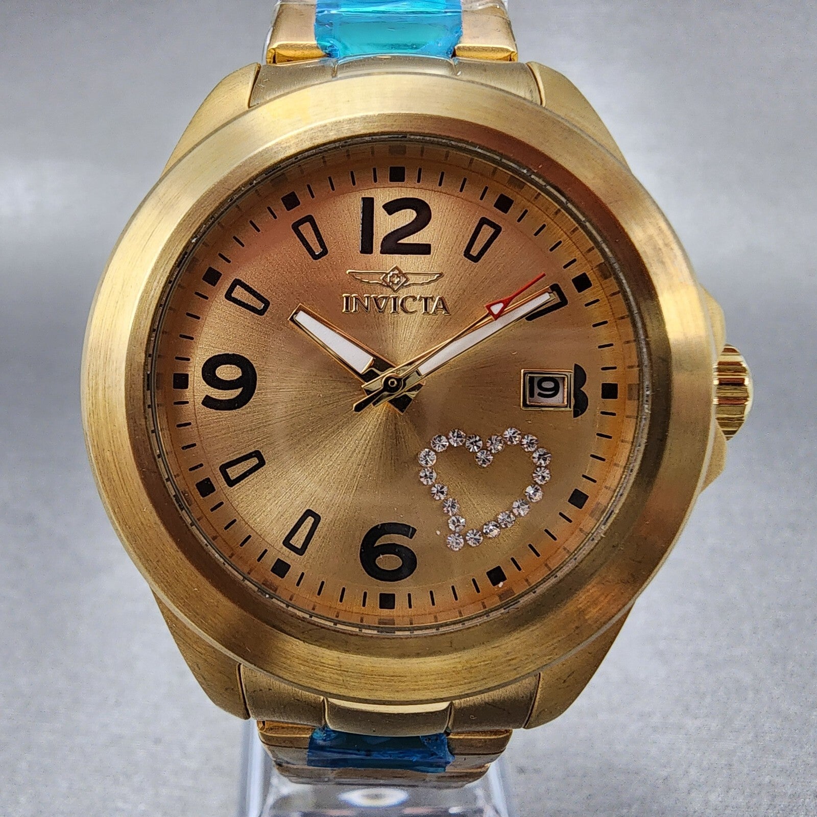 Invicta Angel Watch Women 38mm Gold Dial Gold Tone Date Heart Round New Battery1