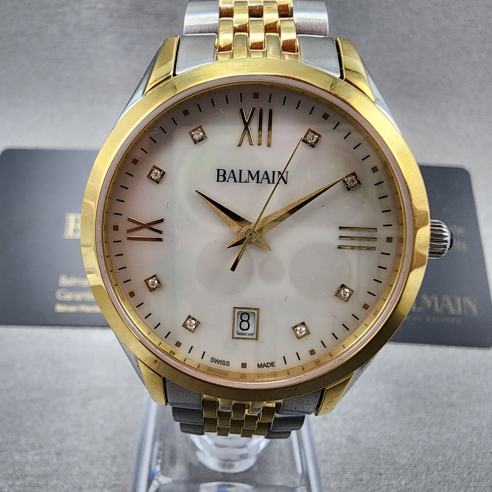 Balmain Classic R Watch Women 34mm MOP Dial Two Tone Date Round Diamond Markers1