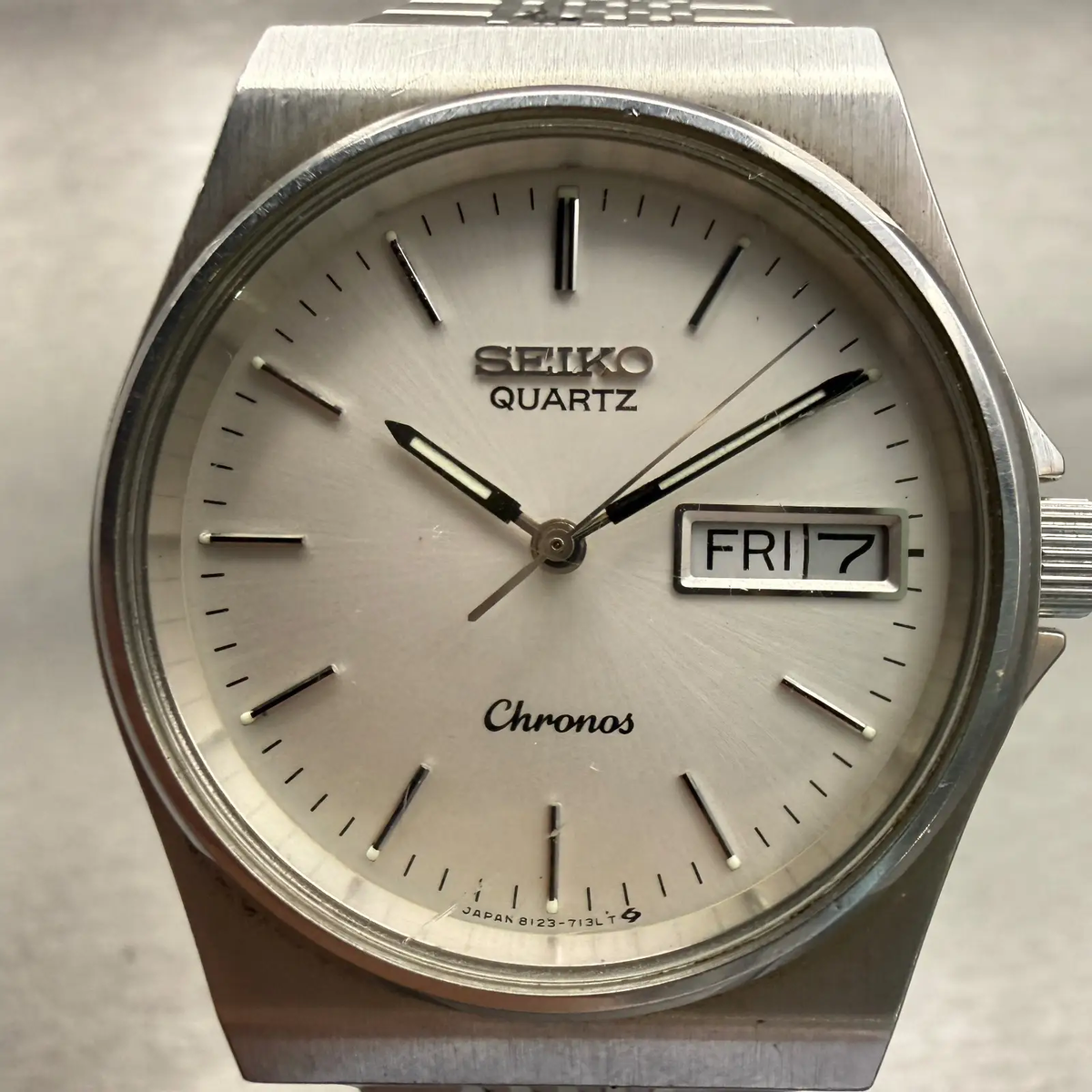 Seiko Chronos Watch Men 34mm Silver Dial Silver Tone Daydate 8123-7090New Batt1