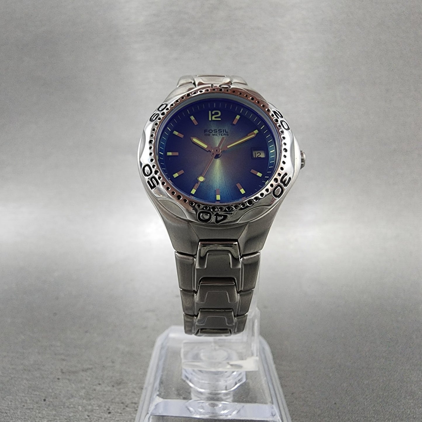Fossil Blue Dive Watch Women 29mm Blue Dial Silver Tone Date AM3457 New Battery5