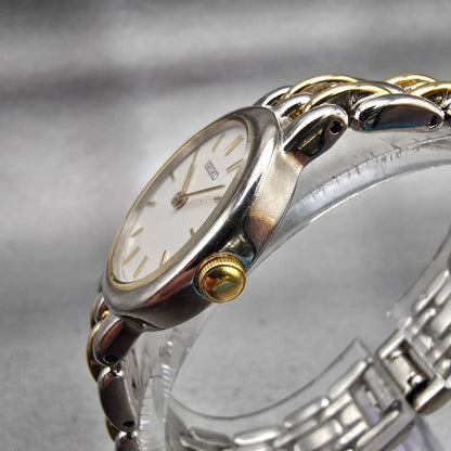 Seiko Watch Women 24mm White Dial Two Tone Round V700-6379 New Battery Vintage2