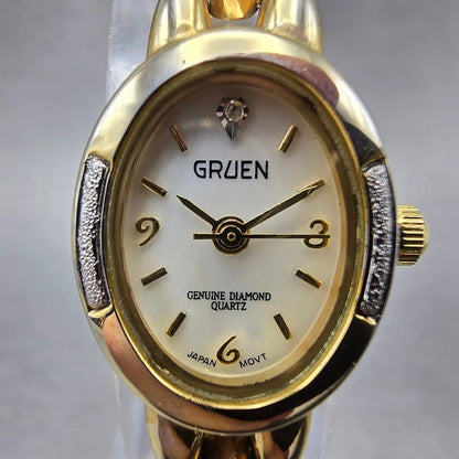Gruen Watch Women 18mm MOP Dial Two Tone Ovel New Battery Vintage1