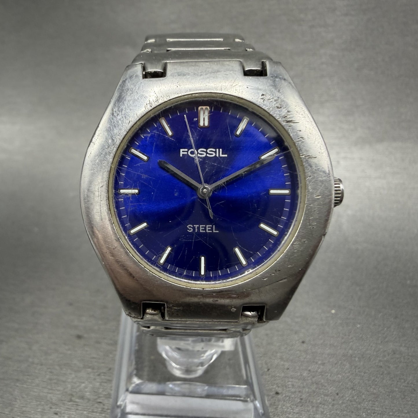 Fossil Steel Watch Men 36mm Blue Dial Silver Tone Round FS2541 New Battery0