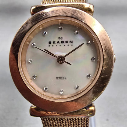 Skagen Denmark Watch Women 25mm MOP Dial Rose Gold Tone 107SRRD New Battery1