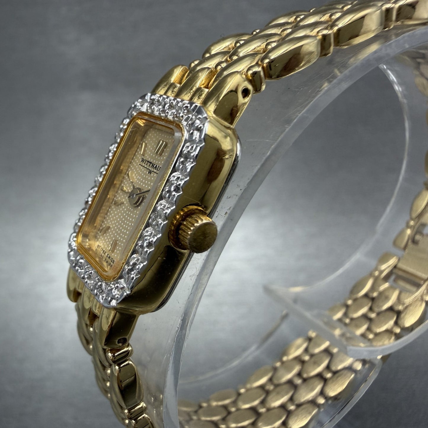 Wittnauer Tank Watch Women 13mm Gold Dial Gold Tone Crystal Bezel New Battery2