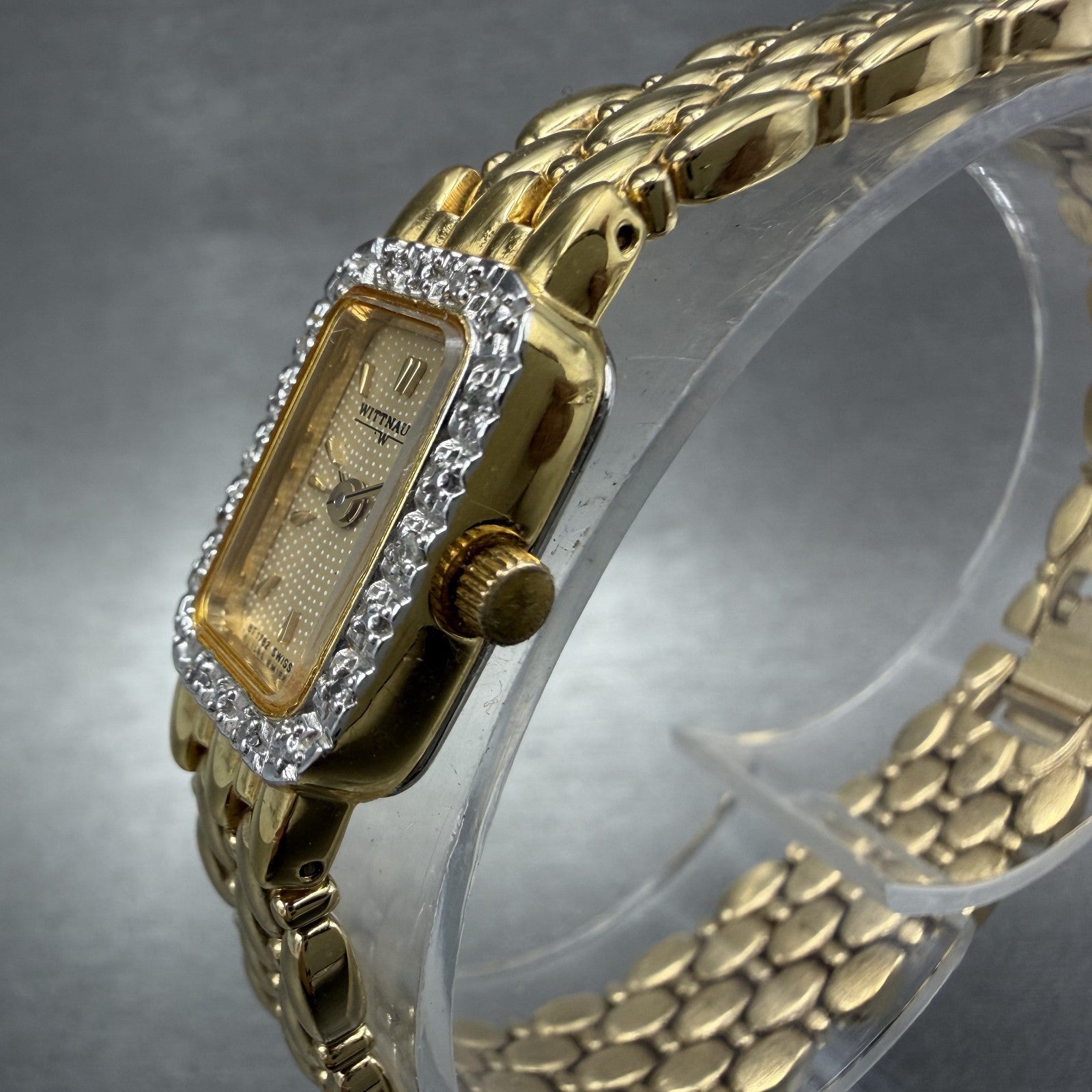 Wittnauer Tank Watch Women 13mm Gold Dial Gold Tone Crystal Bezel New Battery2