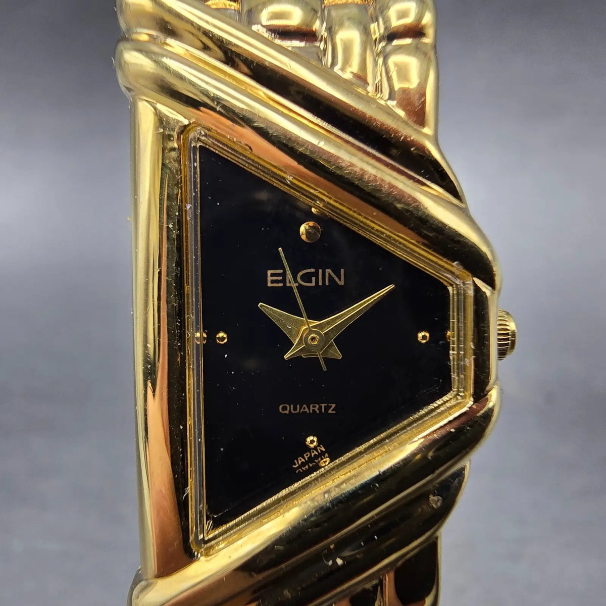 Elgin Half Moon Watch Women 18mm Black Dial Gold Asymmetrical VTG New Battery1