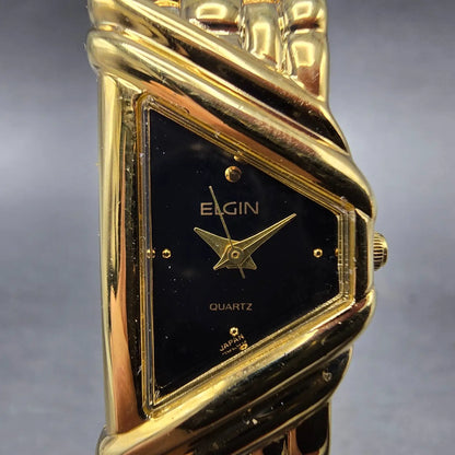 Elgin Half Moon Watch Women 18mm Black Dial Gold Asymmetrical VTG New Battery1