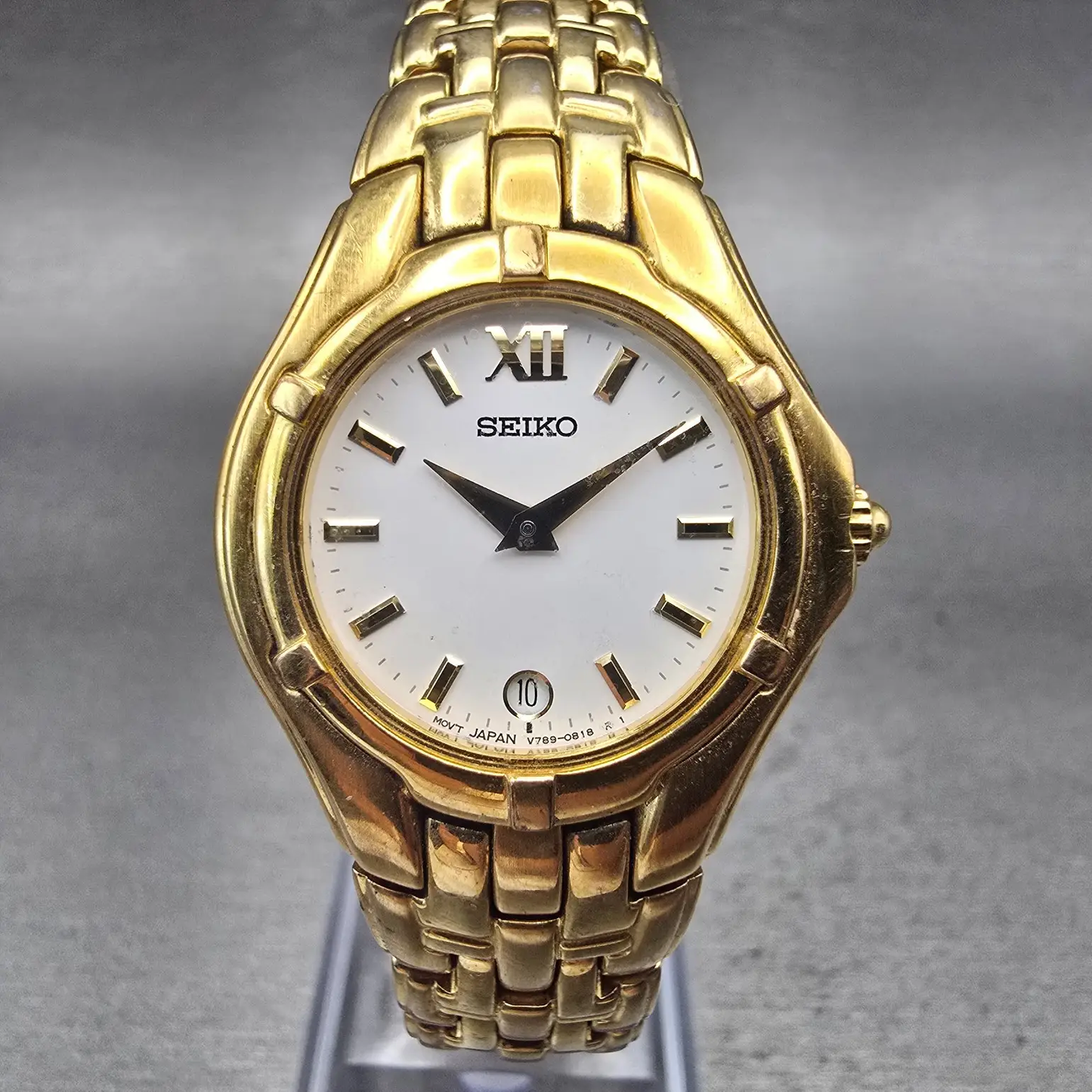 Seiko Watch Women 26mm White Dial Gold Tone Date Round V789-0369 New Battery VTG0