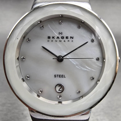 Skagen Watch Women 34mm MOP Dial Silver Tone Date Round SKW2036 New Battery1