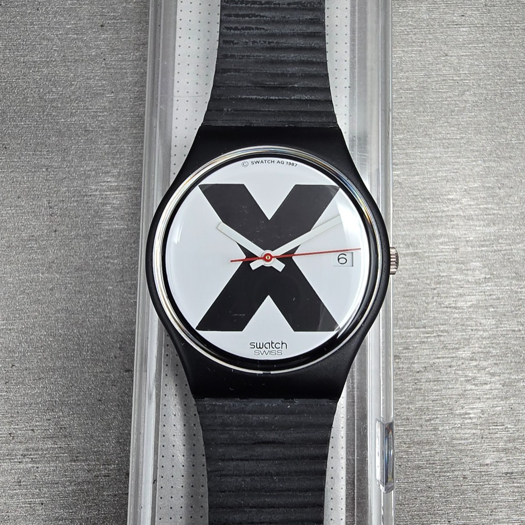 Swatch X-Rated Watch Men 34mm White Dial Black Tone Date GB406 New Battery NOS0