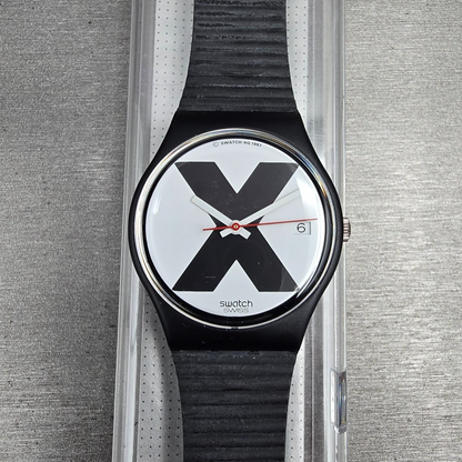 Swatch X-Rated Watch Men 34mm White Dial Black Tone Date GB406 New Battery NOS0