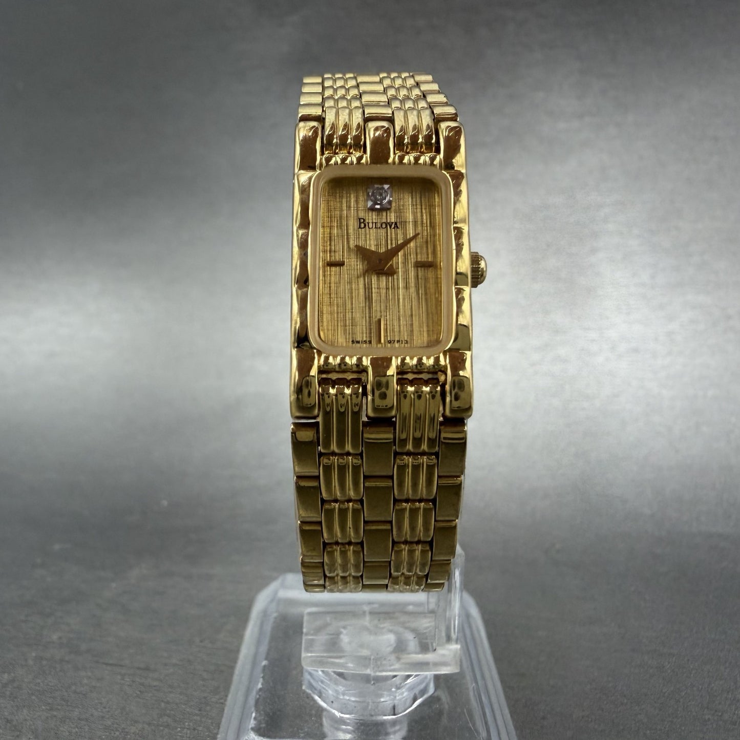 Bulova Tank Watch Women 14mm Champagne Dial Gold Tone 97P13 New Battery ABC5