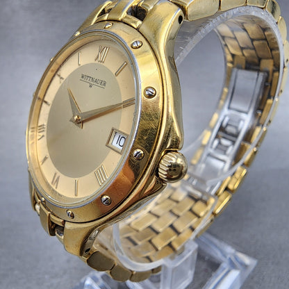Wittnauer Watch Men 35mm Gold Dial Gold Tone Date Round JV8223 9514 New Battery