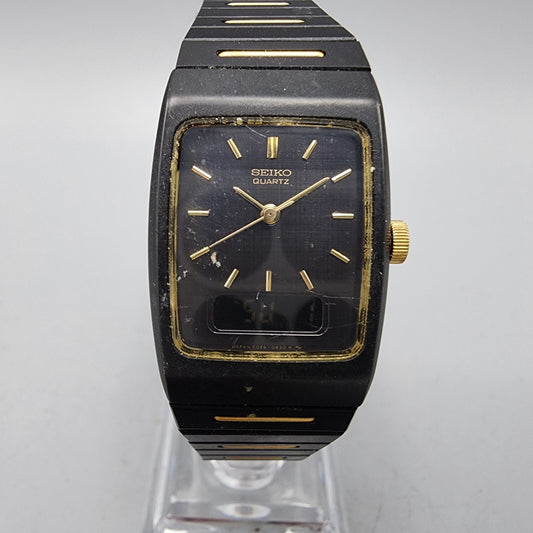 VTG Seiko Watch Women 22mm Analog Digital Black Gold Tone Rectangle New Battery