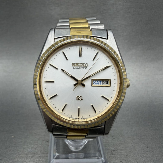 Seiko SQ President Watch Men 36mm Silver Dial Two Tone Daydate Round 5Y23 Runs0