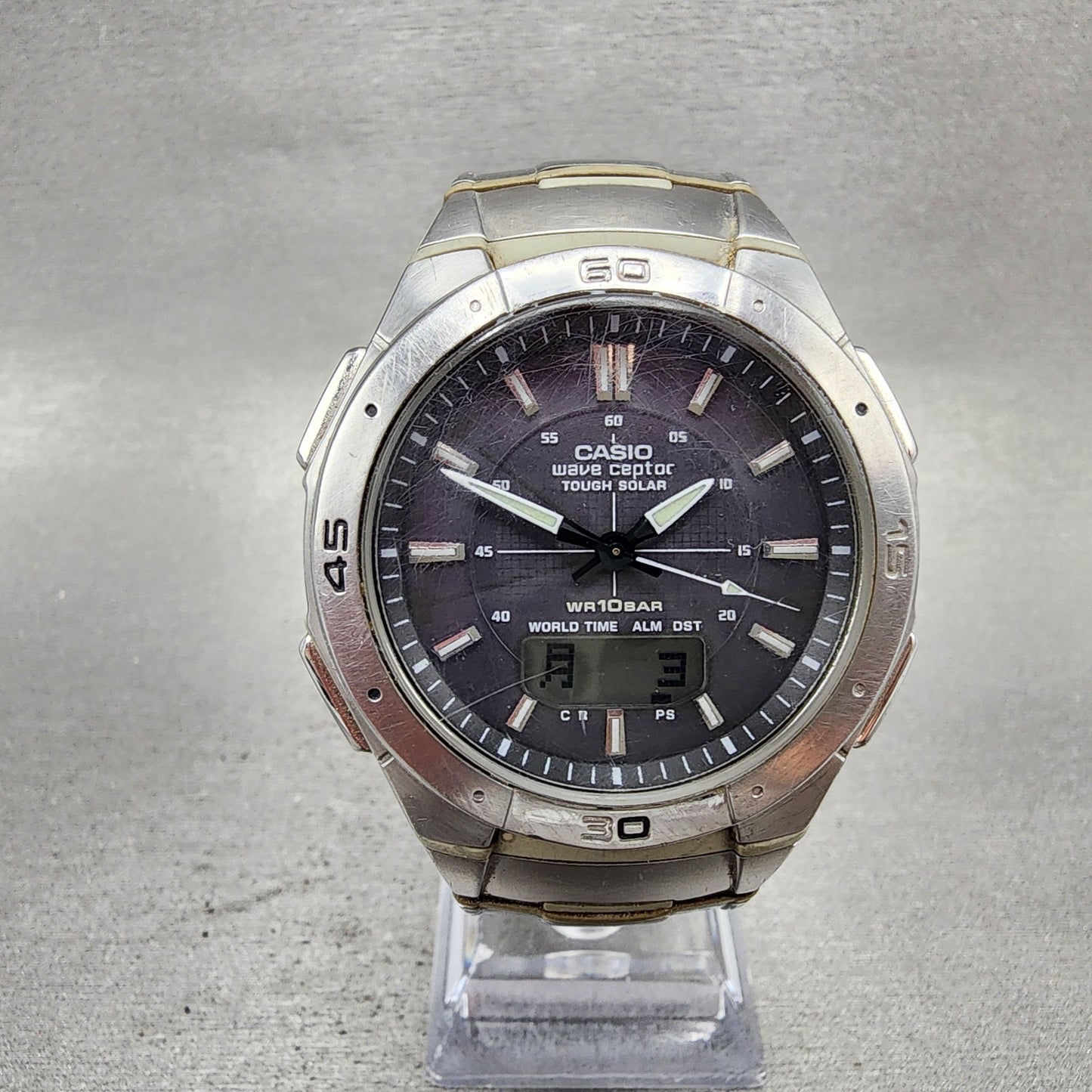 Casio Wave Ceptor Solar Watch Men 42mm Black Dial Analog Digital Steel Runs READ0