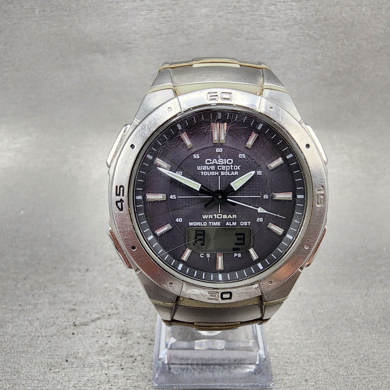 Casio Wave Ceptor Solar Watch Men 42mm Black Dial Analog Digital Steel Runs READ0