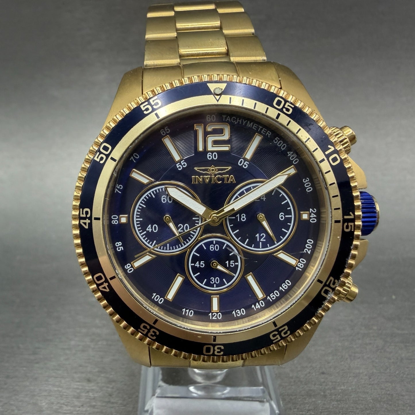 Invicta Specialty Chronograph Watch Men 45mm Blue Dial Gold Tone New Battery0