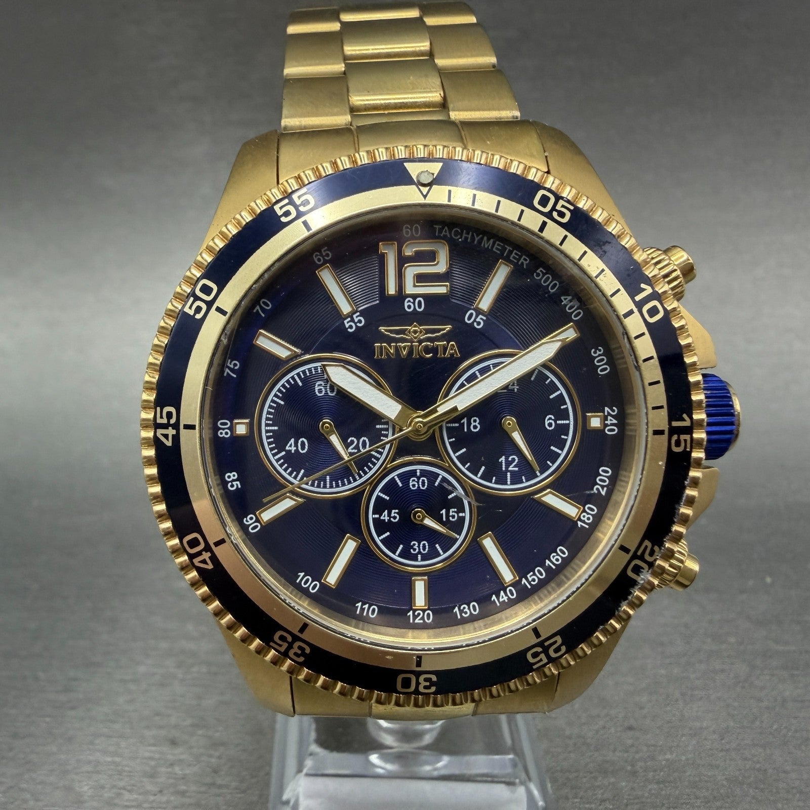 Invicta Specialty Chronograph Watch Men 45mm Blue Dial Gold Tone New Battery0