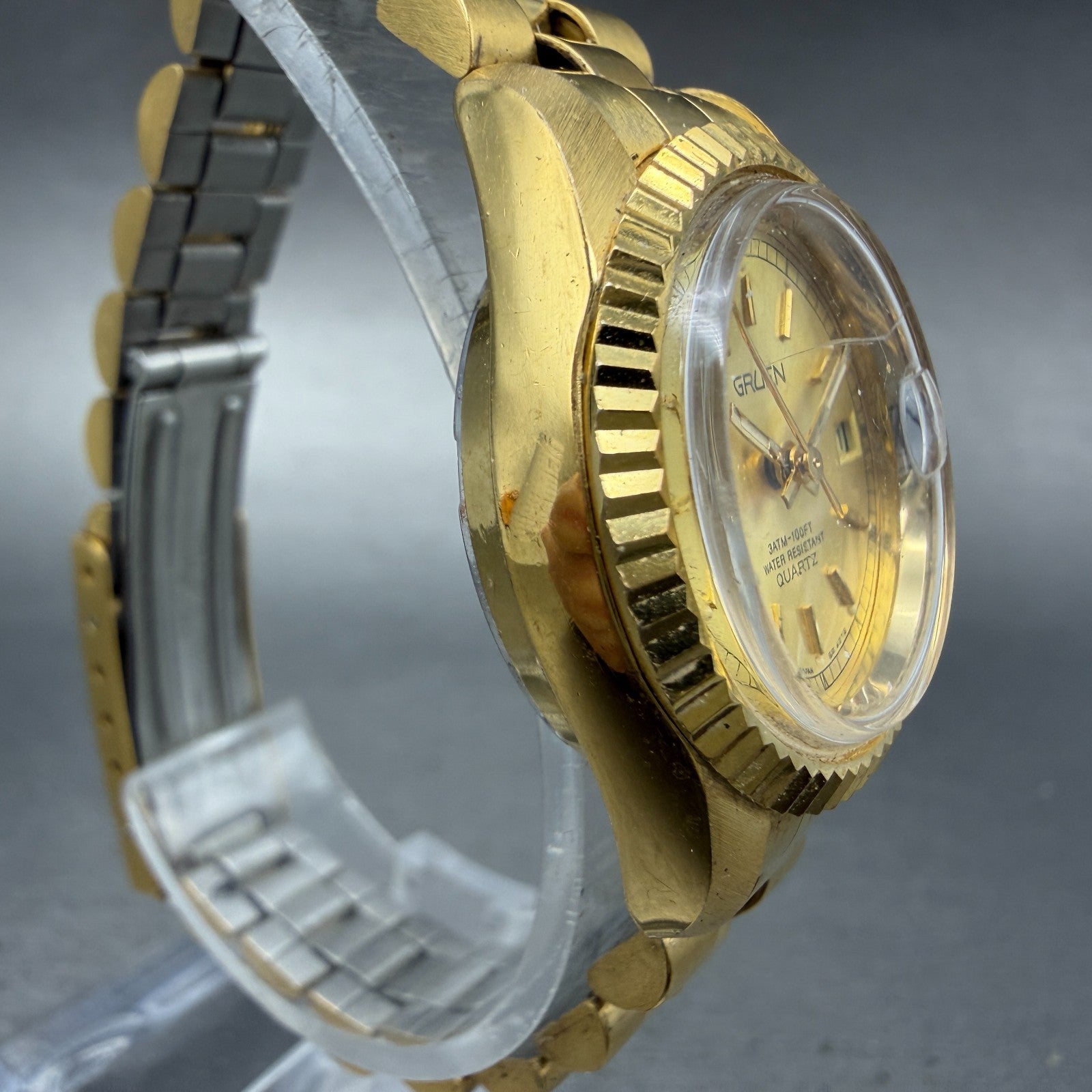 Gruen President Watch Women 26mm Gold Dial Gold Tone Date Round New Battery3