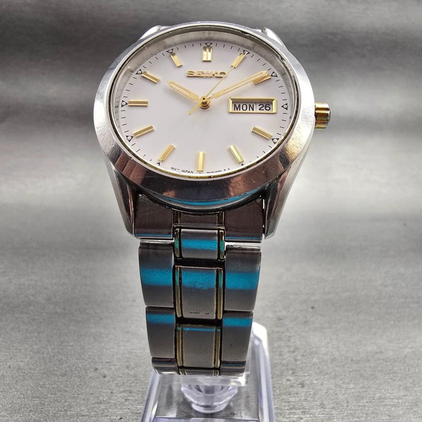 Seiko Watch Men 37mm White Dial Two Tone Daydate Round 7N43-9070 New Battery5