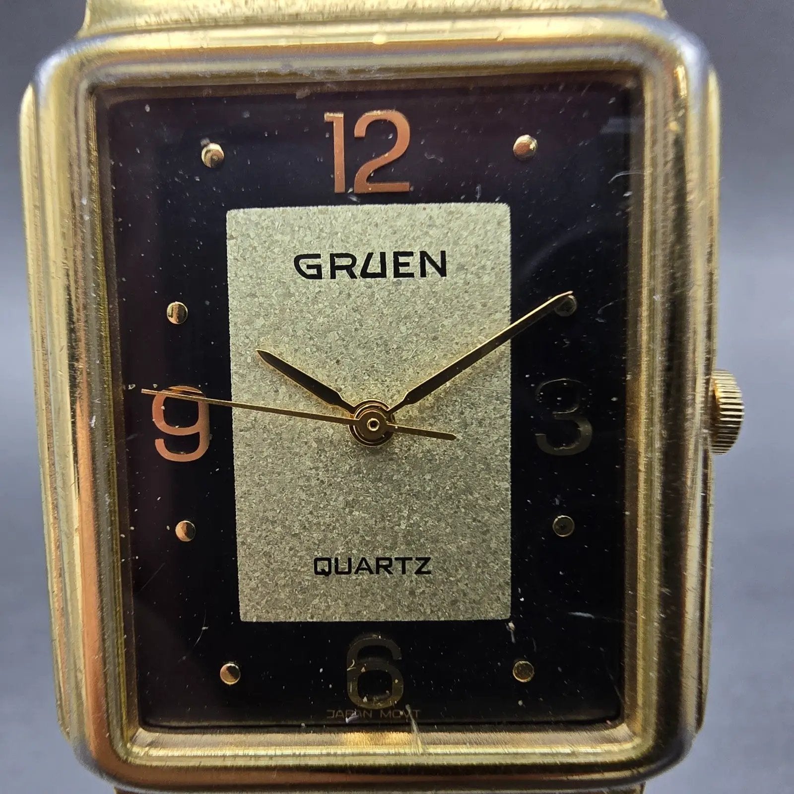 Gruen Tank Watch Men 27mm Black & Gold Dial Gold Tone Rectangle New Battery1