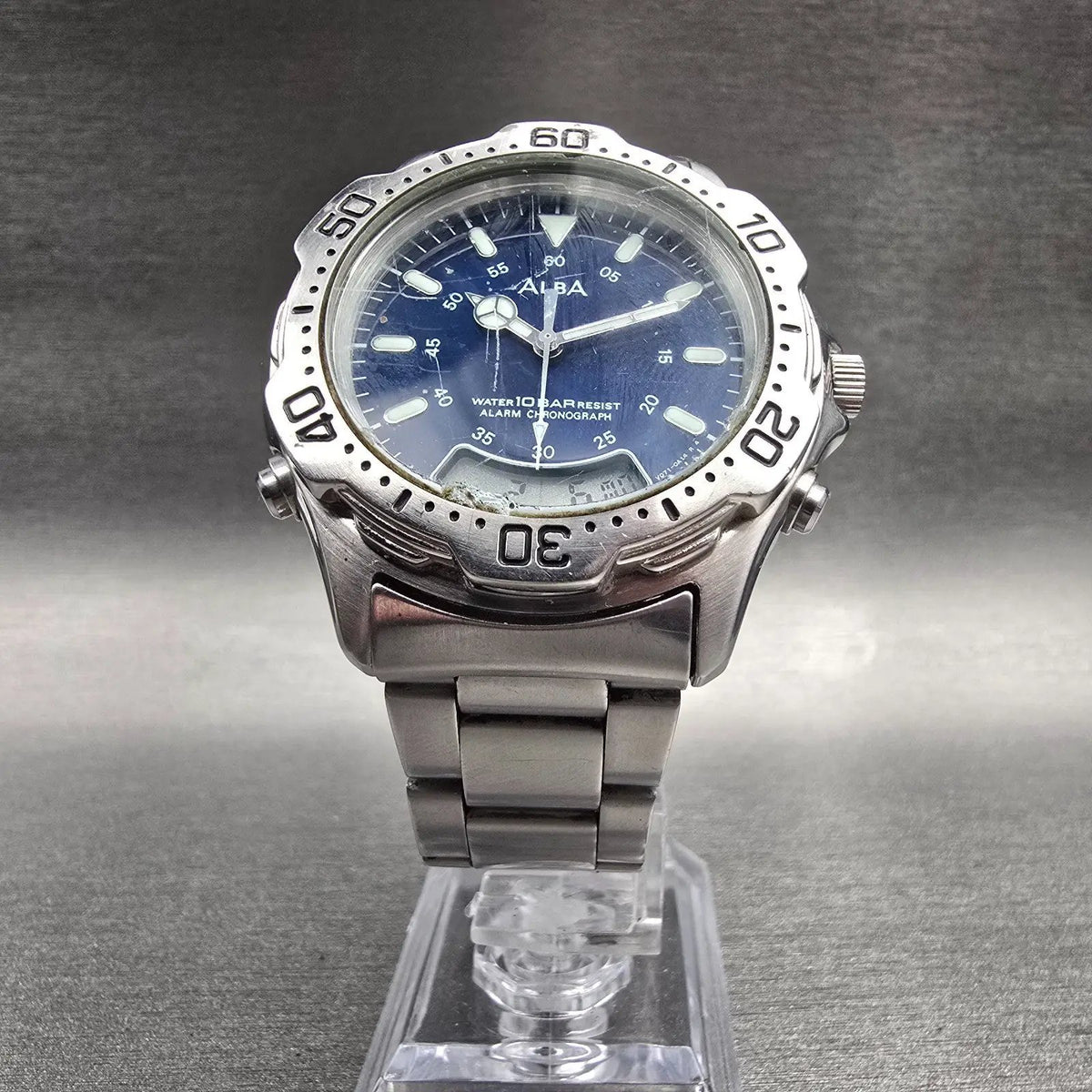 Seiko Alba Watch Men 40mm Blue Dial Silver Tone Chrono Alarm V071-0A10 New Batt5