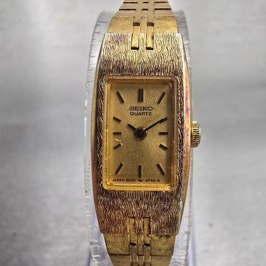 Seiko Watch Women 12mm Gold Dial Gold Tone Rectangle 2E20-5559 New Battery VTG0