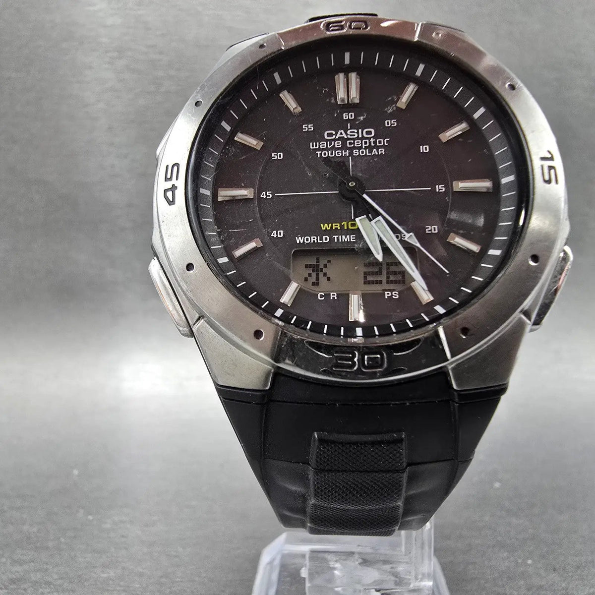 Casio WVA-470 Watch Men 42mm Black Silver Wave Ceptor Alarm Chronograph Round5