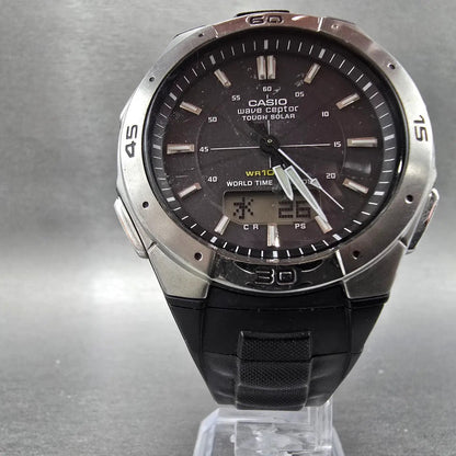 Casio WVA-470 Watch Men 42mm Black Silver Wave Ceptor Alarm Chronograph Round5