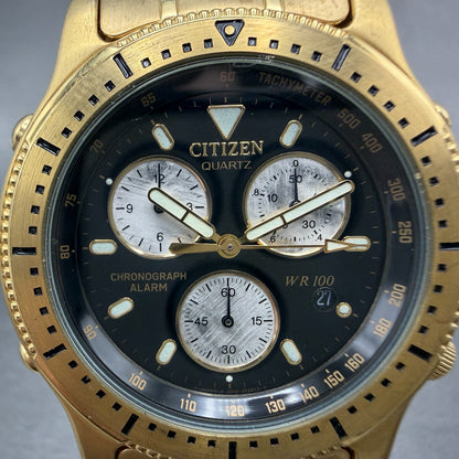 Citizen Chronograph Watch Men 39mm Black Dial Gold Tone Date Alarm new Battery1