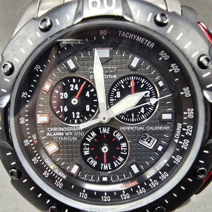 Citizen Eco-Drive Chronograph Watch Men 49mm Black Dial Titanium Date E812 Works1