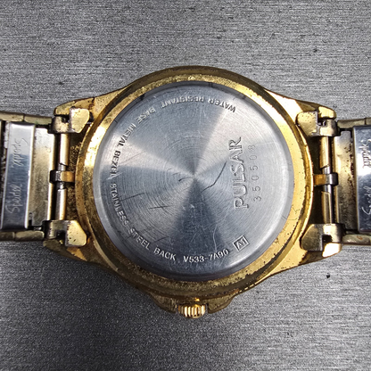 Seiko Pulsar Watch Men 36mm Gold Dial Gold Daydate Round V533-7A90 New Batt VTG10