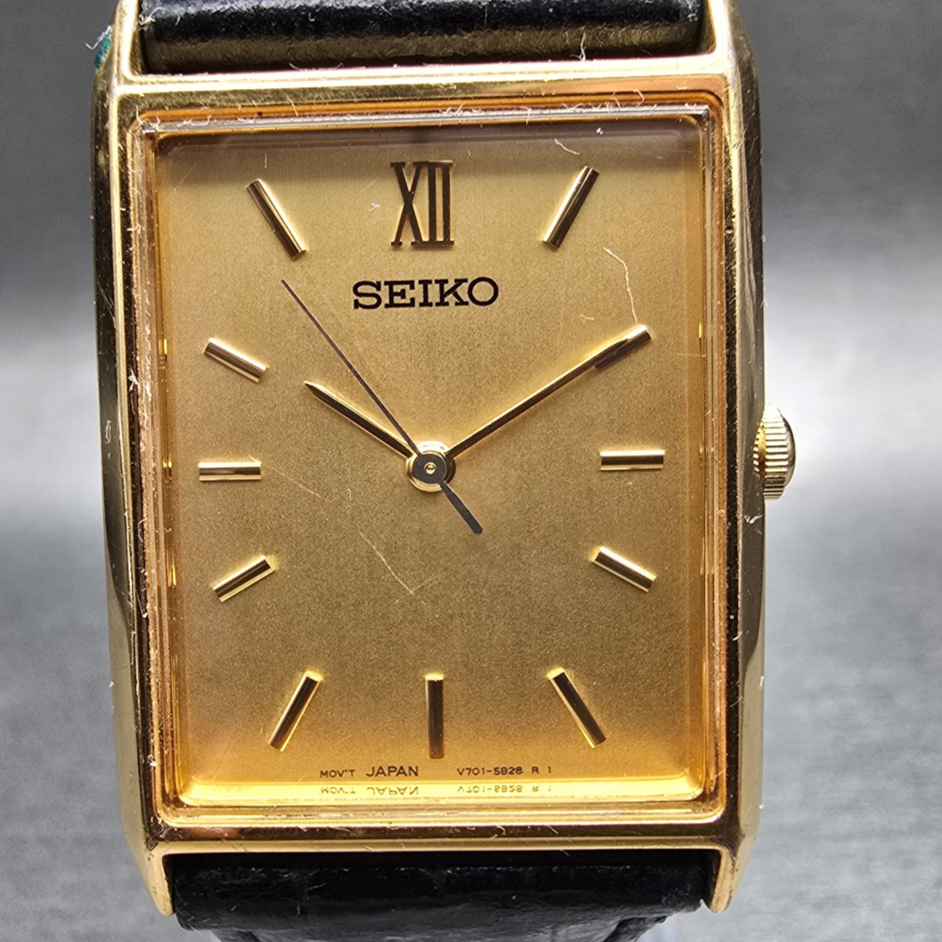 Seiko Tank Watch Men 24mm Gold Dial Gold Tone Rectangle V701-5E10 New Battery1