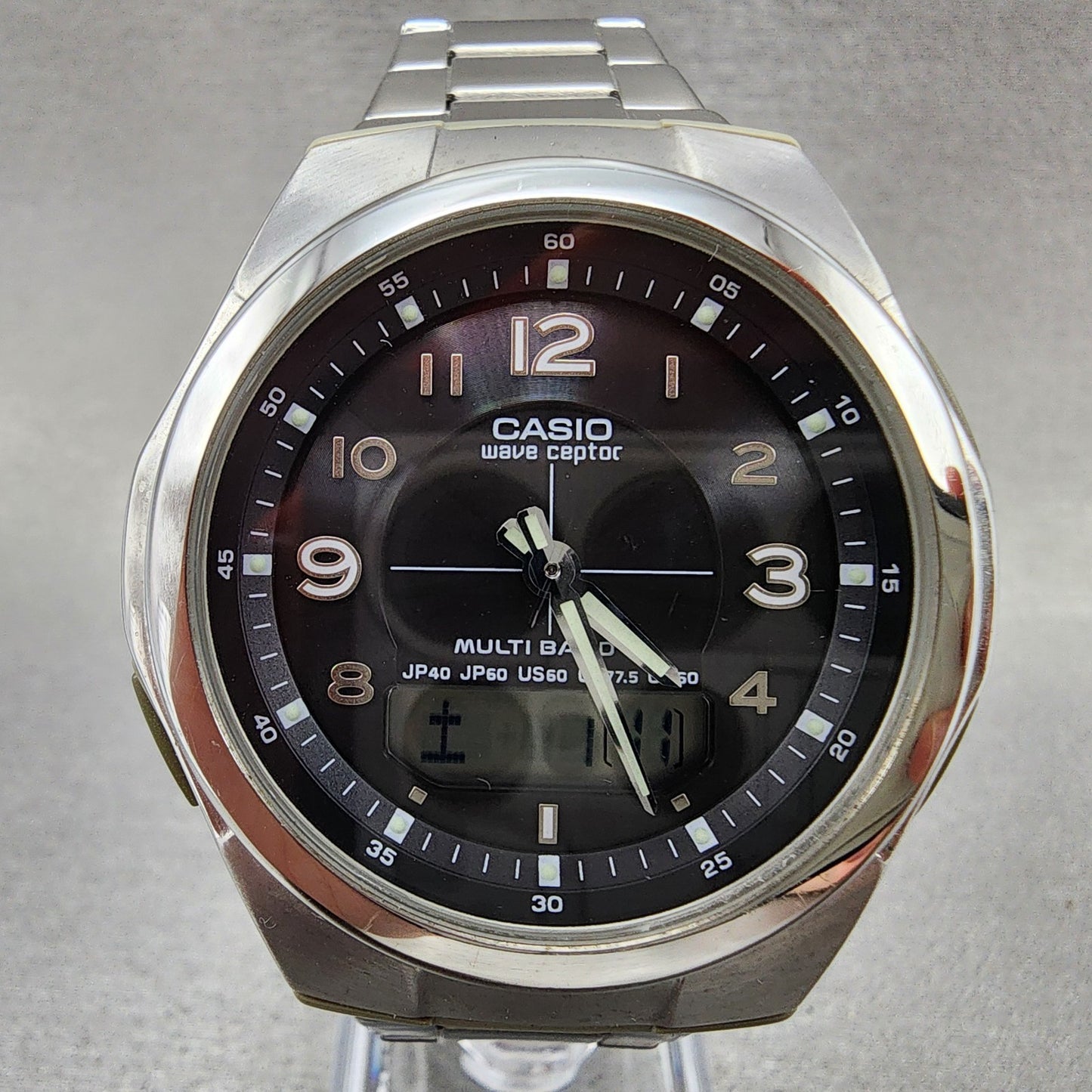 Casio Wave Ceptor Watch Men 41mm Black Dial Steel Analog Digital Solar Runs B1231