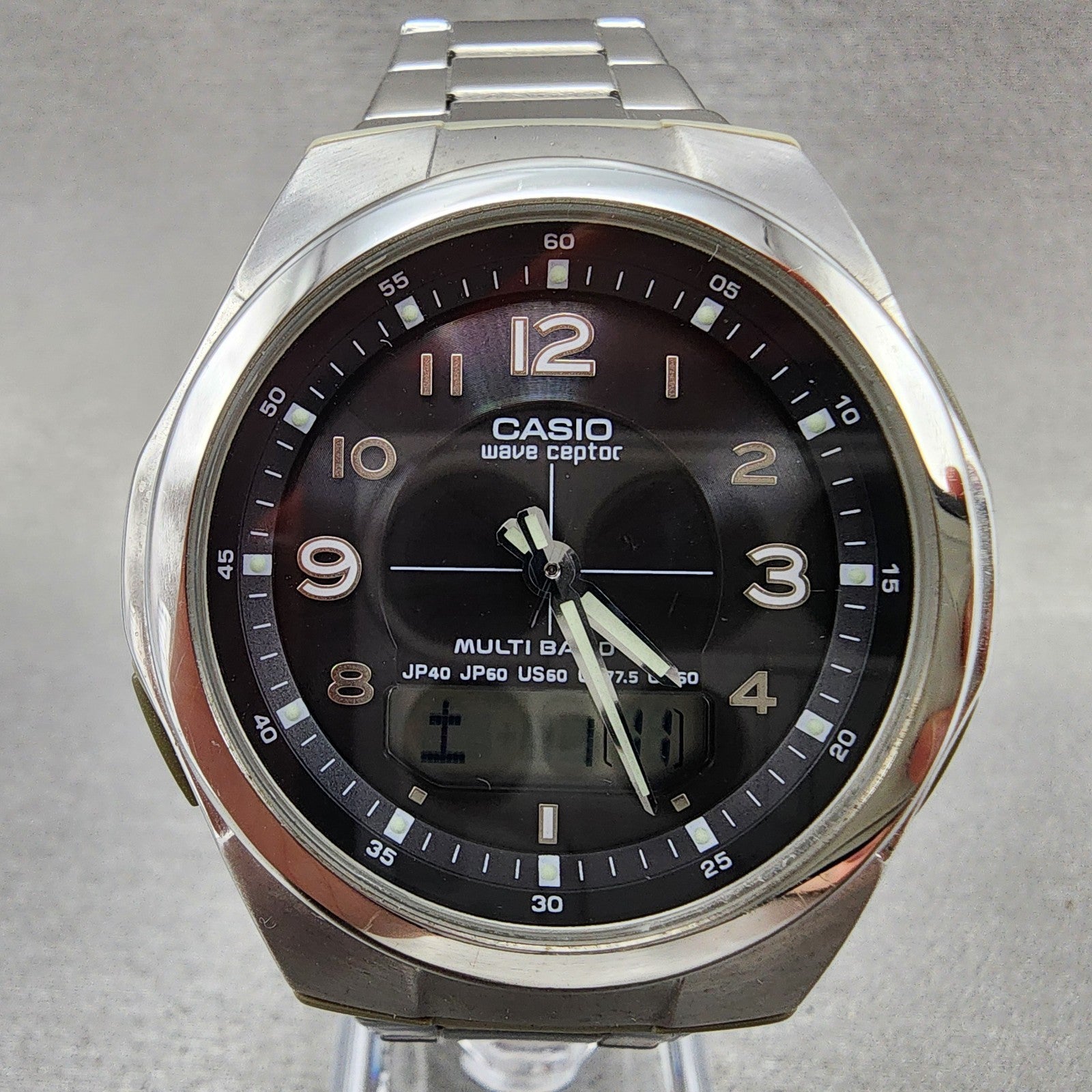 Casio Wave Ceptor Watch Men 41mm Black Dial Steel Analog Digital Solar Runs B1231