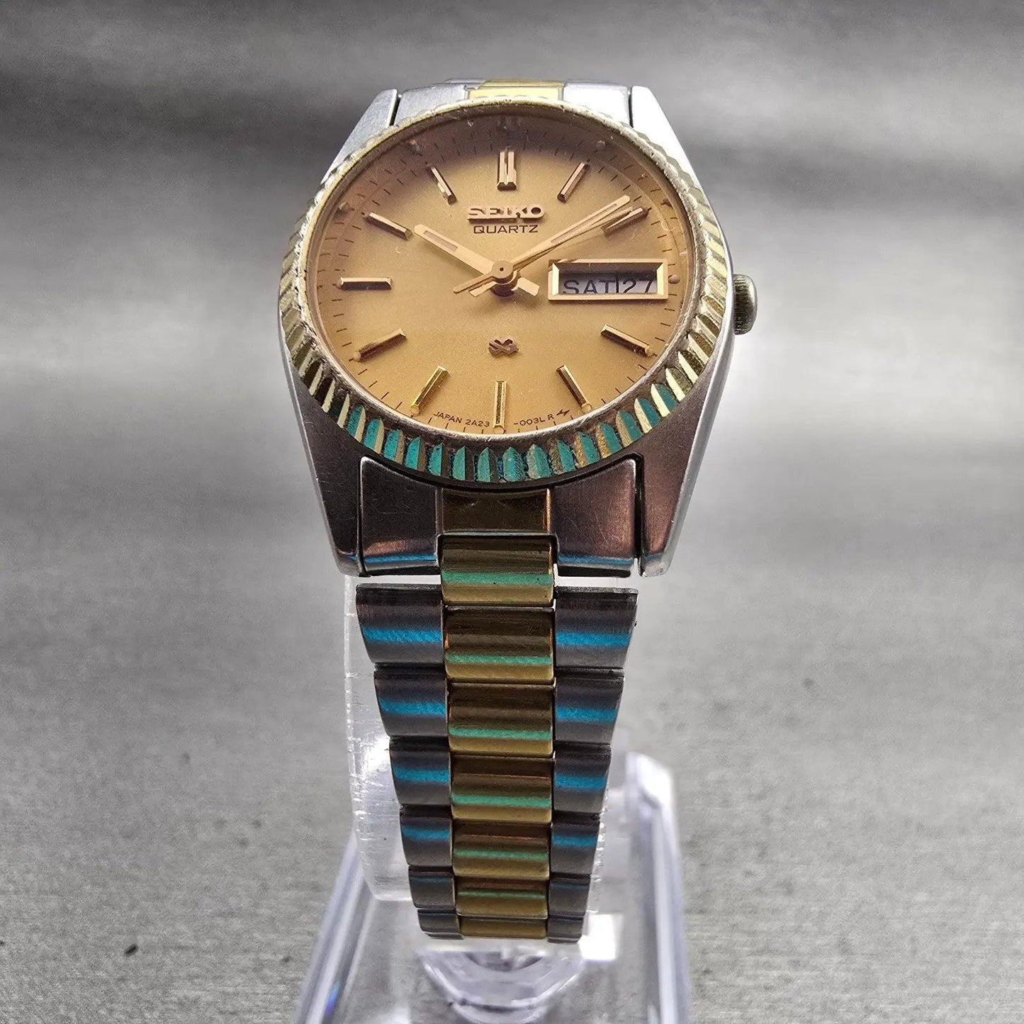 Seiko SQ Watch Women 24mm Gold Dial Two Tone Daydate 2A23-0030 New Battery VTG5