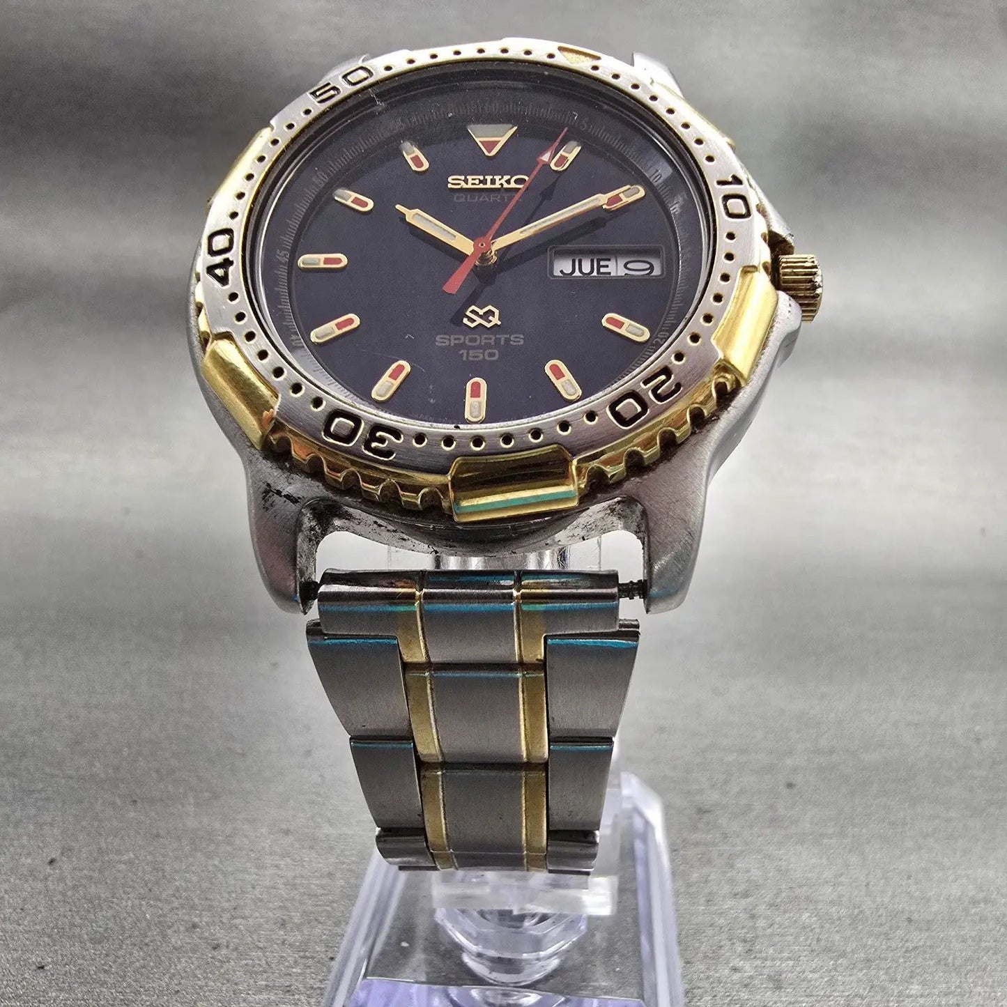 Seiko SQ Sports Dive Watch Men 40mm Blue Dial Two Tone Daydate 7N43-6029 New Bat5