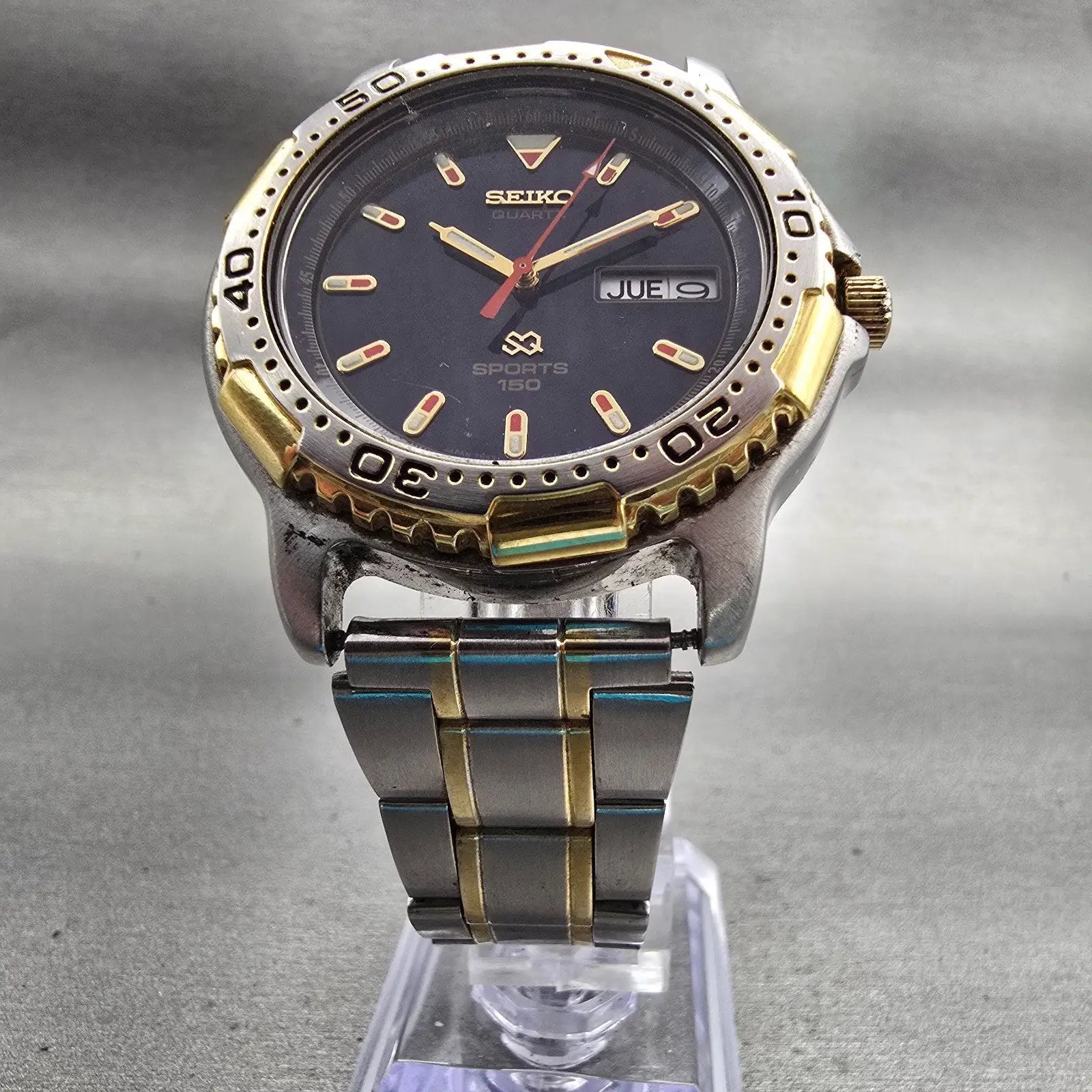 Seiko SQ Sports Dive Watch Men 40mm Blue Dial Two Tone Daydate 7N43-6029 New Bat5
