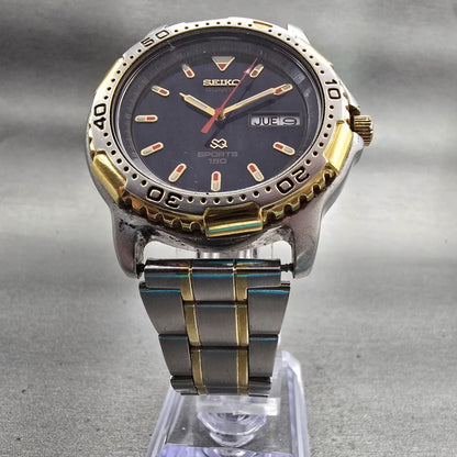 Seiko SQ Sports Dive Watch Men 40mm Blue Dial Two Tone Daydate 7N43-6029 New Bat5