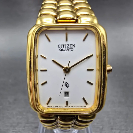Citizen CQ Tank Watch Men 25mm White Dial Gold Tone Date 2818-S02953 New Battery0